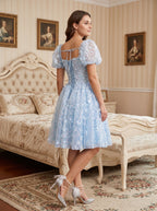 Sky Blue Tulle A-Line Sweetheart Criss-Cross Straps Short Dress with Puff Sleeves - Curvevia