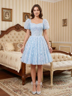 Sky Blue Tulle A-Line Sweetheart Criss-Cross Straps Short Dress with Puff Sleeves - Curvevia