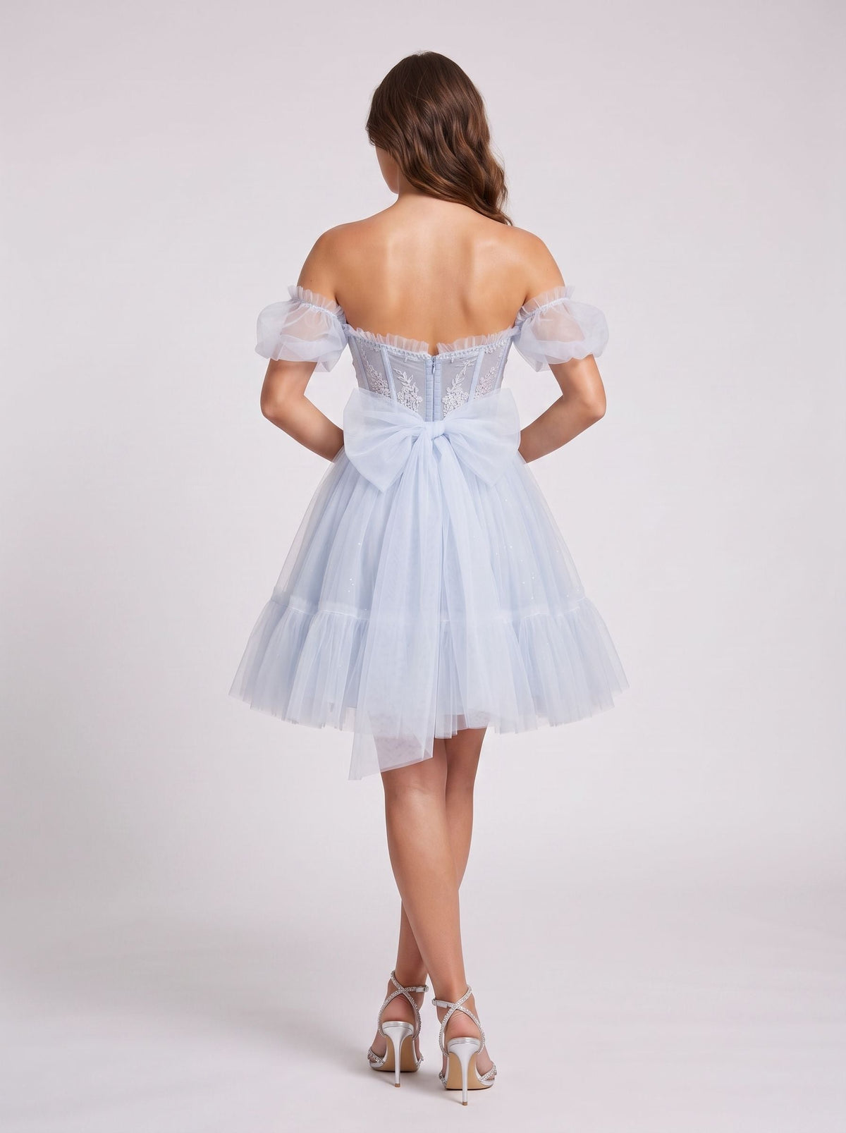 Mist Tulle A-Line Sweetheart Backless Short Dress with Floral Appliques - Curvevia