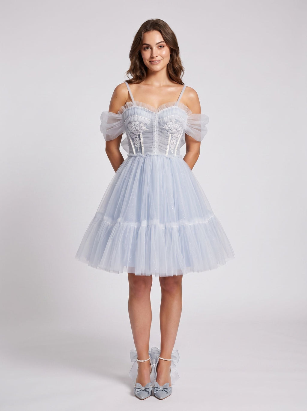 Mist Tulle A-Line Sweetheart Backless Short Dress with Floral Appliques - Curvevia