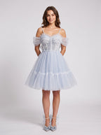 Mist Tulle A-Line Sweetheart Backless Short Dress with Floral Appliques - Curvevia