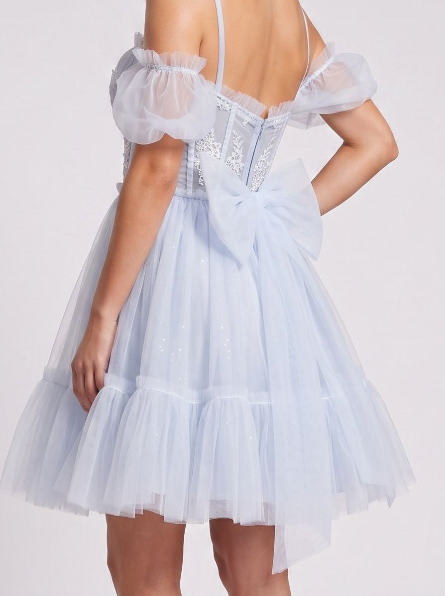 Mist Tulle A-Line Sweetheart Backless Short Dress with Floral Appliques - Curvevia