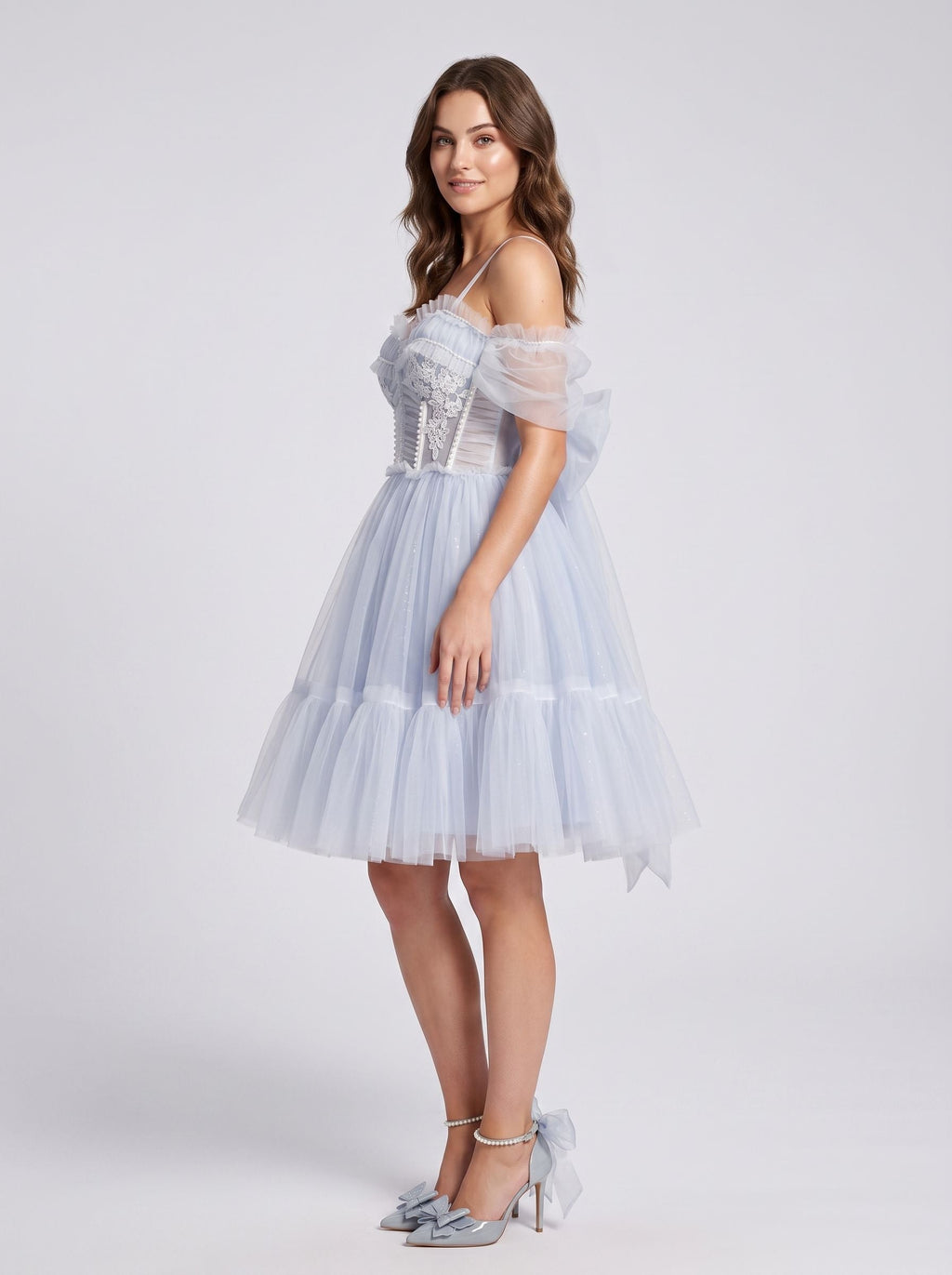 Mist Tulle A-Line Sweetheart Backless Short Dress with Floral Appliques - Curvevia