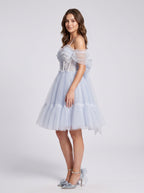 Mist Tulle A-Line Sweetheart Backless Short Dress with Floral Appliques - Curvevia