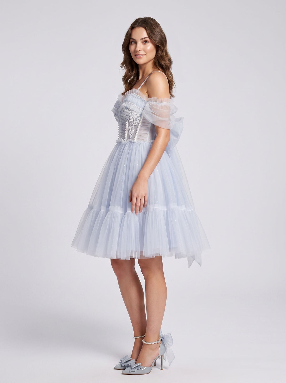 Mist Tulle A-Line Sweetheart Backless Short Dress with Floral Appliques - Curvevia