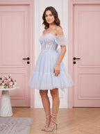 Mist Tulle A-Line Sweetheart Backless Short Dress with Floral Appliques - Curvevia