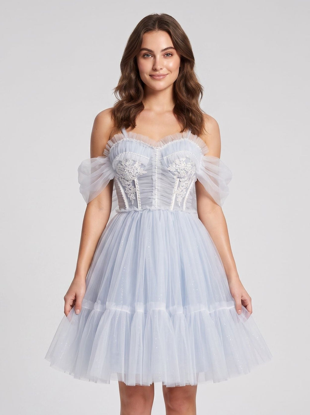 Mist Tulle A-Line Sweetheart Backless Short Dress with Floral Appliques - Curvevia