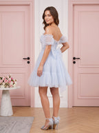 Mist Tulle A-Line Sweetheart Backless Short Dress with Floral Appliques - Curvevia