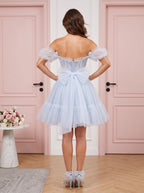 Mist Tulle A-Line Sweetheart Backless Short Dress with Floral Appliques - Curvevia