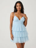 Sky Blue Tulle A-Line V-Neck Side Zip Short Dress with Tiered Skirt - Curvevia