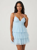 Sky Blue Tulle A-Line V-Neck Side Zip Short Dress with Tiered Skirt - Curvevia