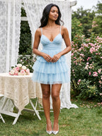 Sky Blue Tulle A-Line V-Neck Side Zip Short Dress with Tiered Skirt - Curvevia