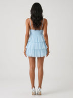 Sky Blue Tulle A-Line V-Neck Side Zip Short Dress with Tiered Skirt - Curvevia