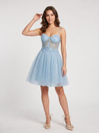 Sky Blue Tulle A-Line Sweetheart Corset Back Short Dress with Pleated Bodice - Curvevia