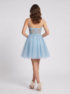 Sky Blue Tulle A-Line Sweetheart Corset Back Short Dress with Pleated Bodice - Curvevia