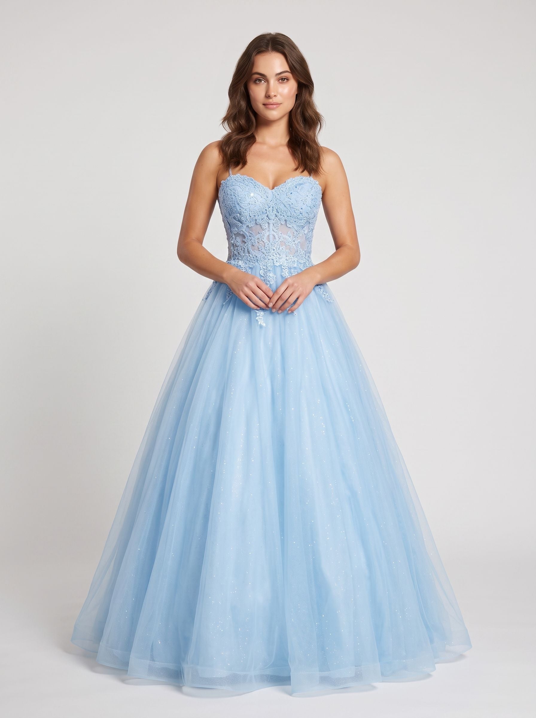 Sky Blue Tulle A-Line Sweetheart Lace-up Floor-Length Dress with Floral Applique - Curvevia