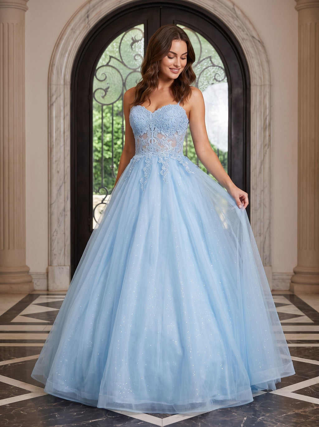 Sky Blue Tulle A-Line Sweetheart Lace-up Floor-Length Dress with Floral Applique - Curvevia