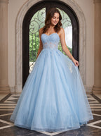 Sky Blue Tulle A-Line Sweetheart Lace-up Floor-Length Dress with Floral Applique - Curvevia