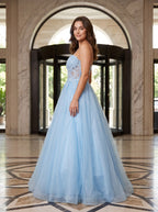 Sky Blue Tulle A-Line Sweetheart Lace-up Floor-Length Dress with Floral Applique - Curvevia