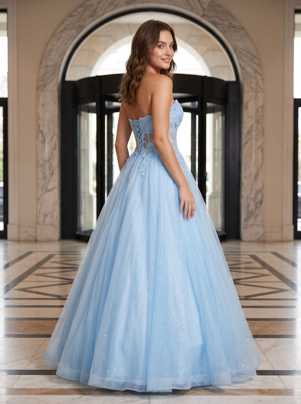 Sky Blue Tulle A-Line Sweetheart Lace-up Floor-Length Dress with Floral Applique - Curvevia