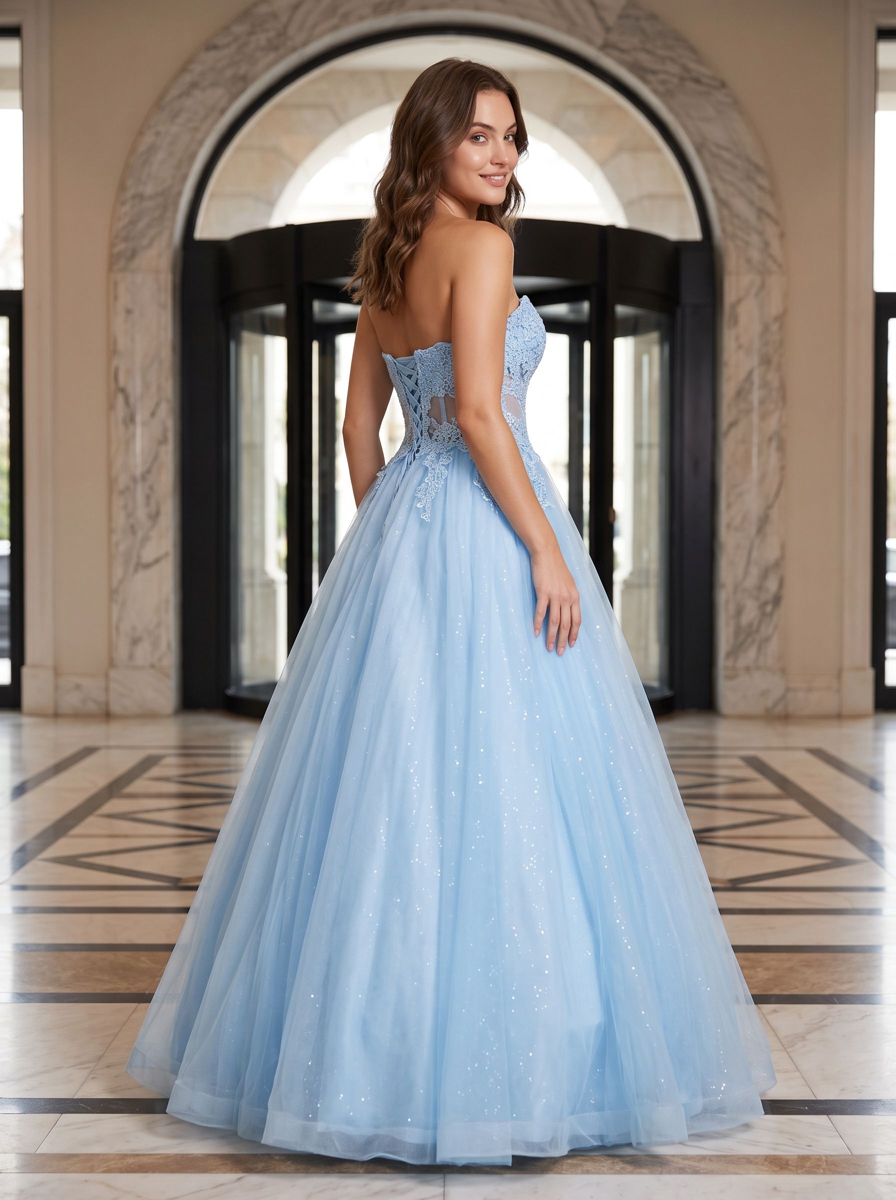 Sky Blue Tulle A-Line Sweetheart Lace-up Floor-Length Dress with Floral Applique - Curvevia