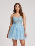 Sky Blue Tulle A-Line Scoop Neck Lace-up Short Dress with Sequins - Curvevia