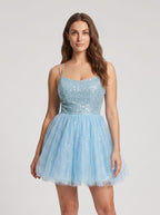 Sky Blue Tulle A-Line Scoop Neck Lace-up Short Dress with Sequins - Curvevia