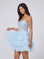 Sky Blue Tulle A-Line Sweetheart Lace-up Short Dress with Tiered Skirt - Curvevia