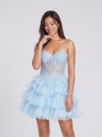 Sky Blue Tulle A-Line Sweetheart Lace-up Short Dress with Tiered Skirt - Curvevia