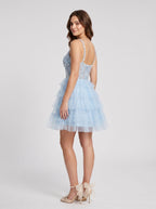 Sky Blue Tulle A-Line V-Neck Back Zip Short Dress with Beaded Tiered Ruffles - Curvevia