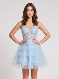 Sky Blue Tulle A-Line V-Neck Back Zip Short Dress with Beaded Tiered Ruffles - Curvevia