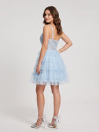 Sky Blue Tulle A-Line V-Neck Back Zip Short Dress with Beaded Tiered Ruffles - Curvevia
