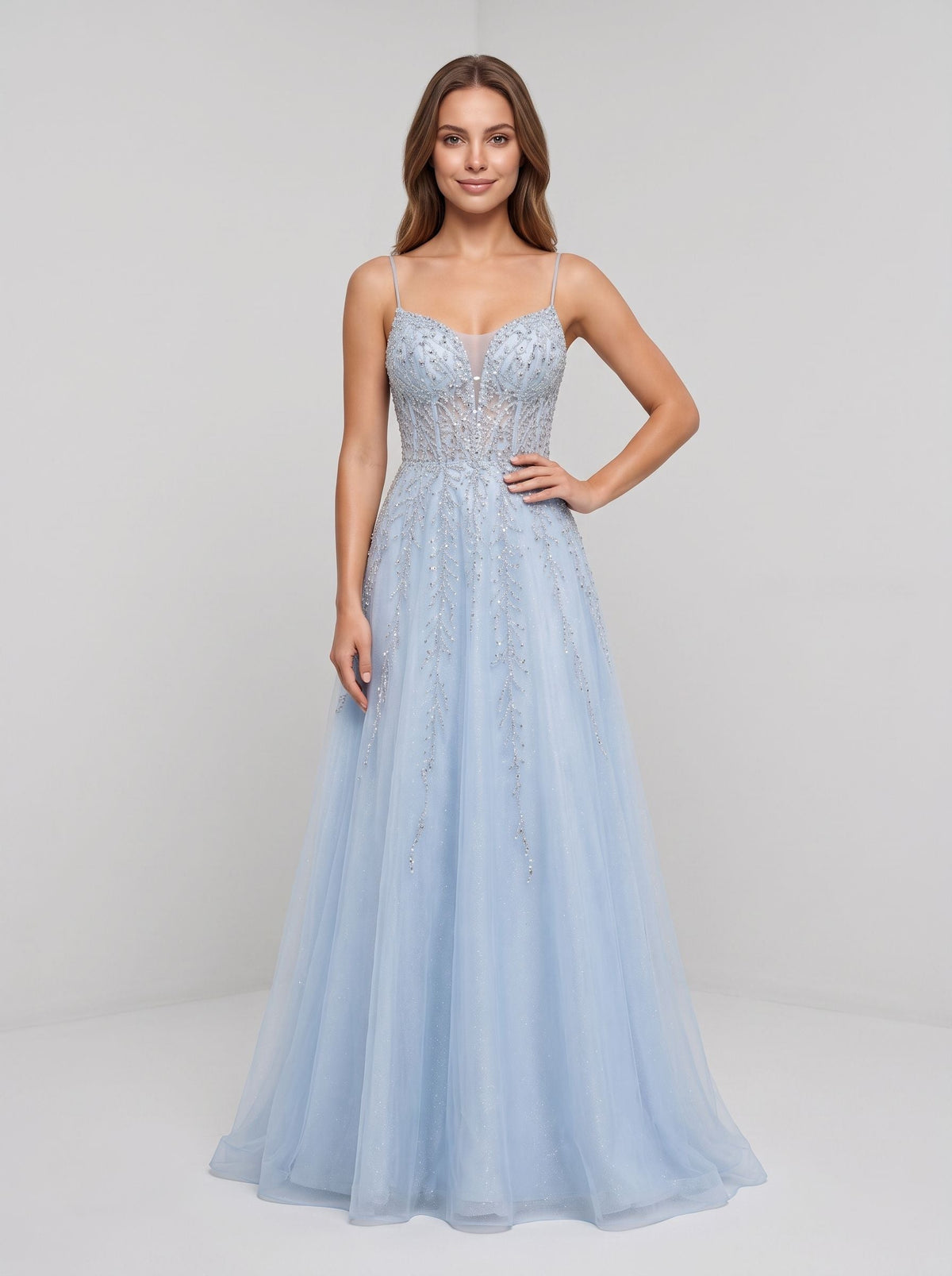 Sky Blue Tulle A-Line V-Neck Back Zip Floor-Length Dress with Beaded Applique Bodice - Curvevia