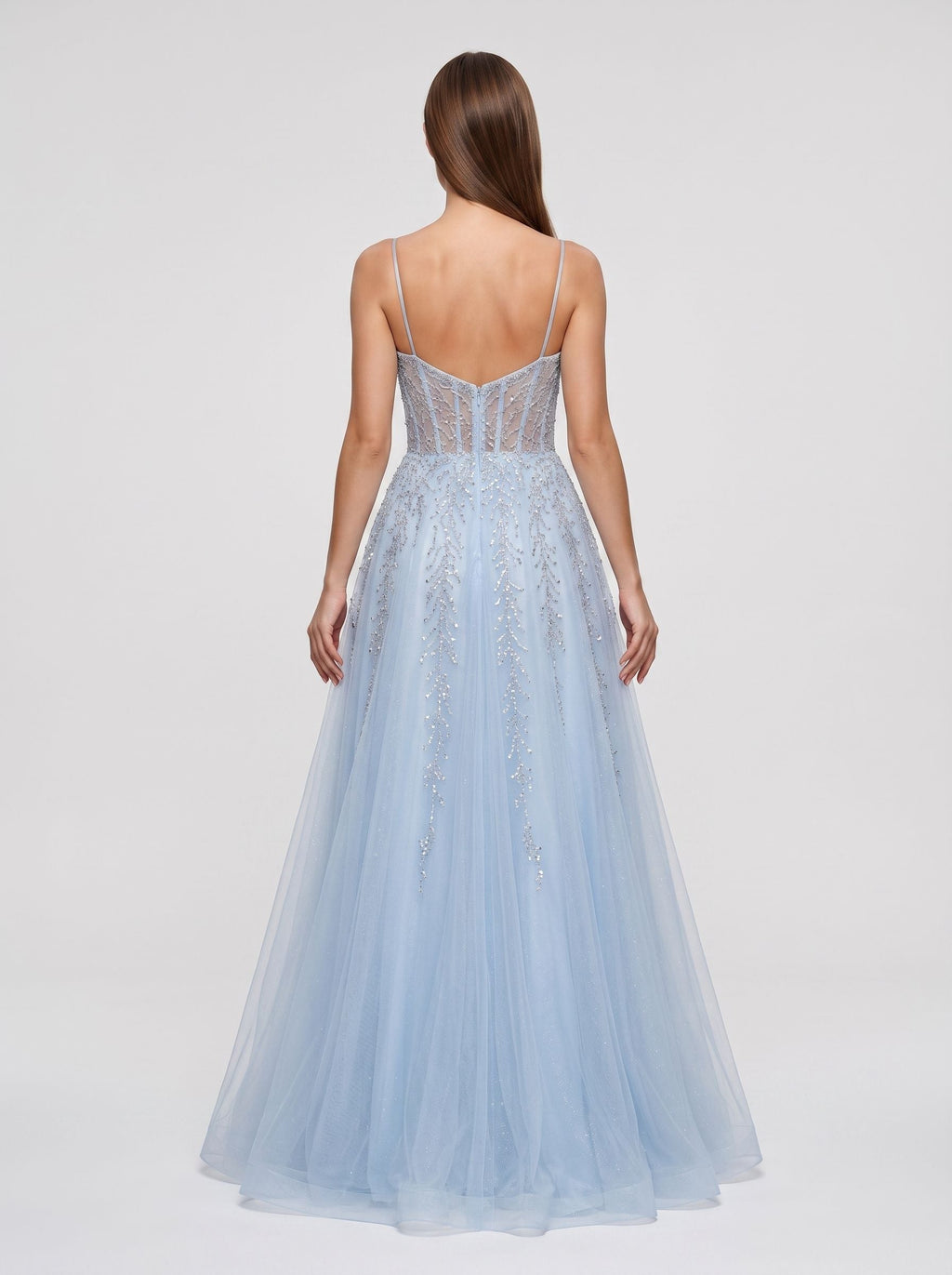 Sky Blue Tulle A-Line V-Neck Back Zip Floor-Length Dress with Beaded Applique Bodice - Curvevia