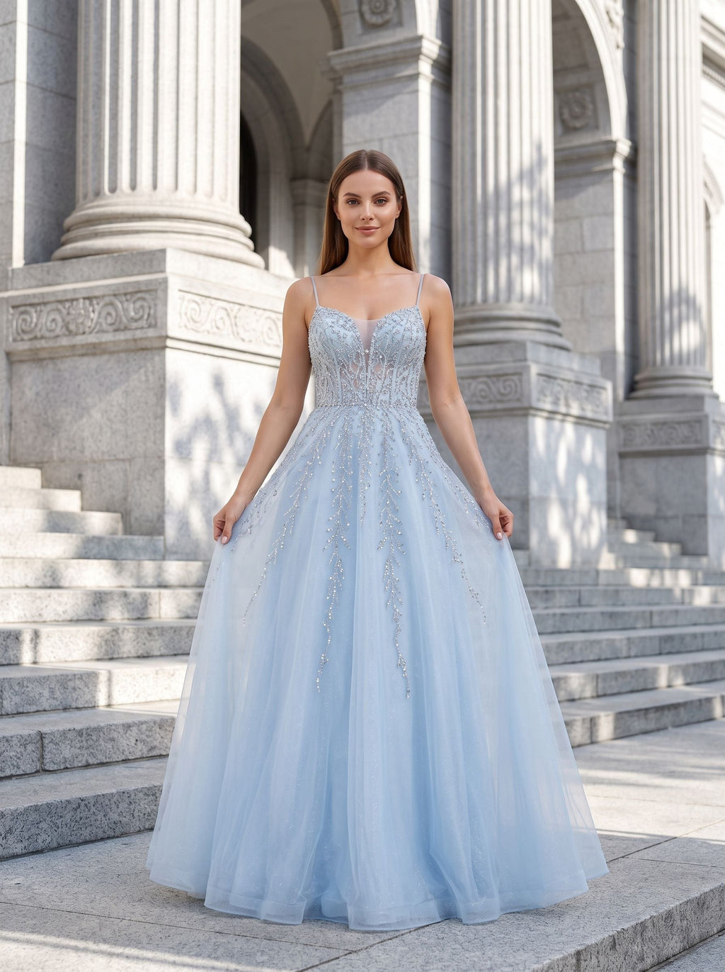 Sky Blue Tulle A-Line V-Neck Back Zip Floor-Length Dress with Beaded Applique Bodice - Curvevia
