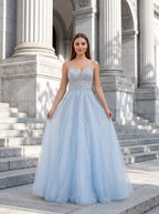 Sky Blue Tulle A-Line V-Neck Back Zip Floor-Length Dress with Beaded Applique Bodice - Curvevia