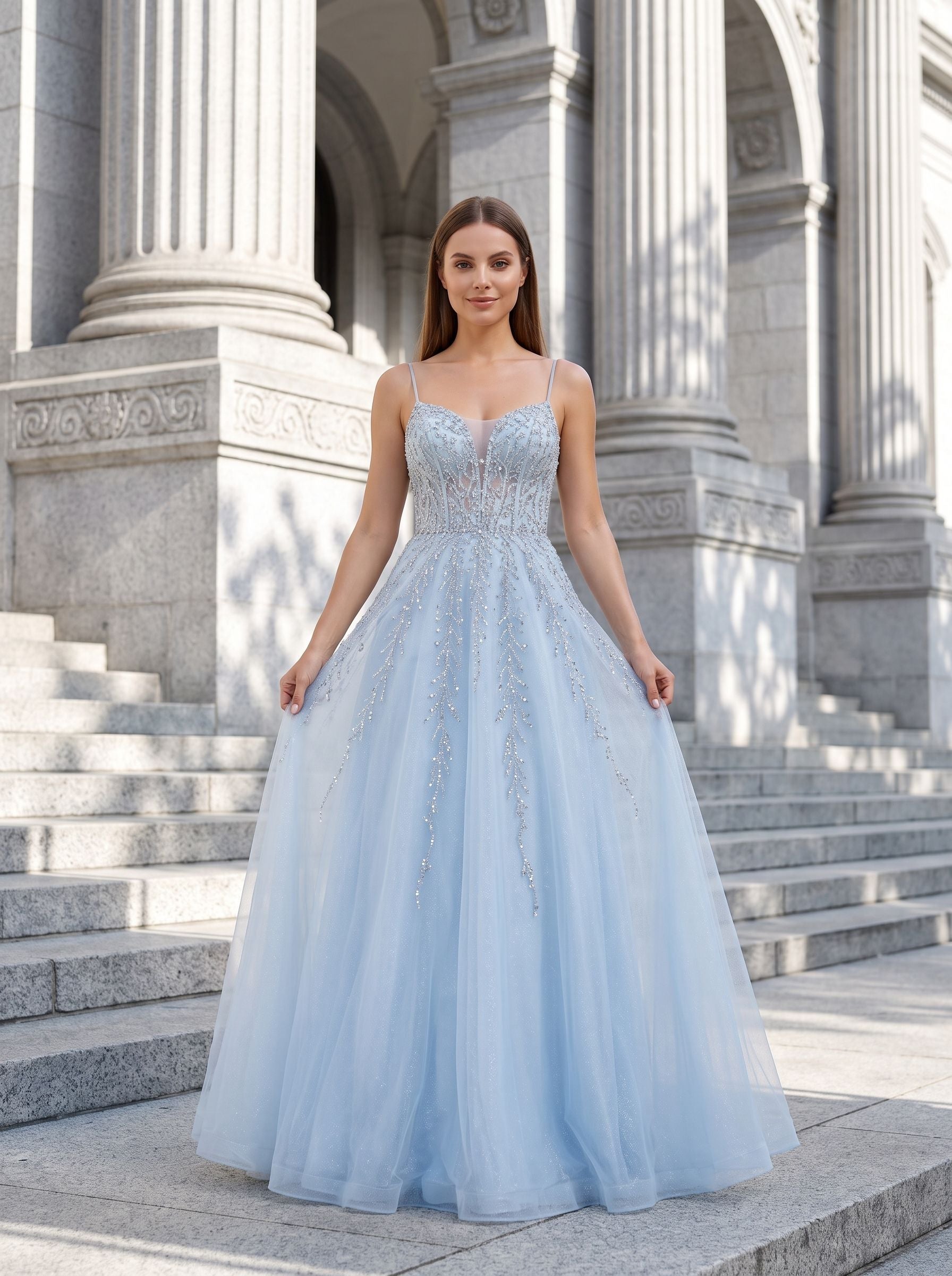Sky Blue Tulle A-Line V-Neck Back Zip Floor-Length Dress with Beaded Applique Bodice - Curvevia