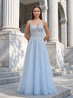 Sky Blue Tulle A-Line V-Neck Back Zip Floor-Length Dress with Beaded Applique Bodice - Curvevia