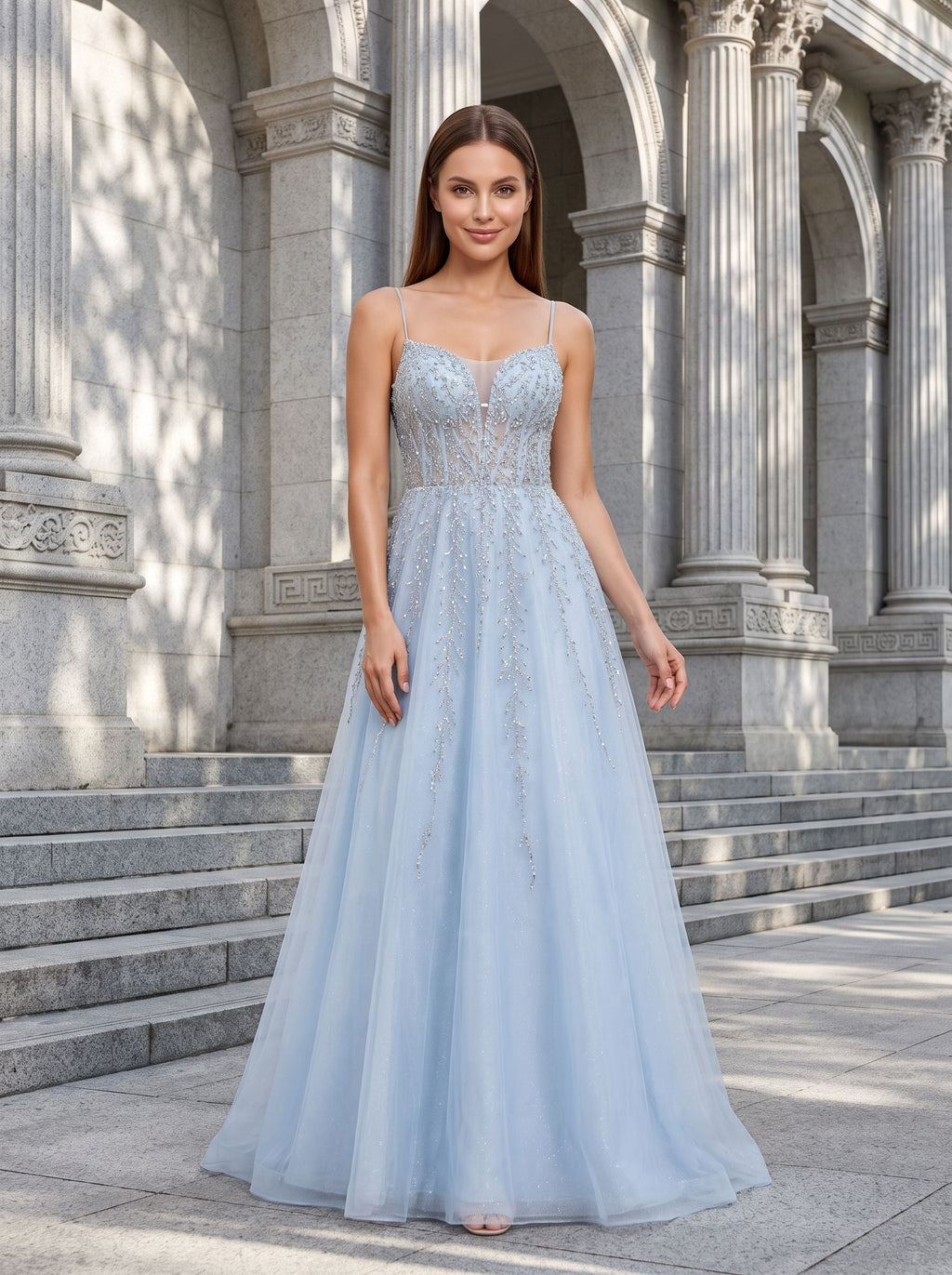 Sky Blue Tulle A-Line V-Neck Back Zip Floor-Length Dress with Beaded Applique Bodice - Curvevia