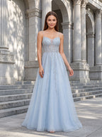 Sky Blue Tulle A-Line V-Neck Back Zip Floor-Length Dress with Beaded Applique Bodice - Curvevia
