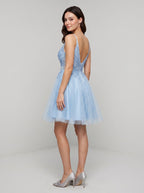Sky Blue Tulle A-Line V-Neck Back Zip Short Dress with Appliques - Curvevia