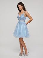 Sky Blue Tulle A-Line V-Neck Back Zip Short Dress with Appliques - Curvevia