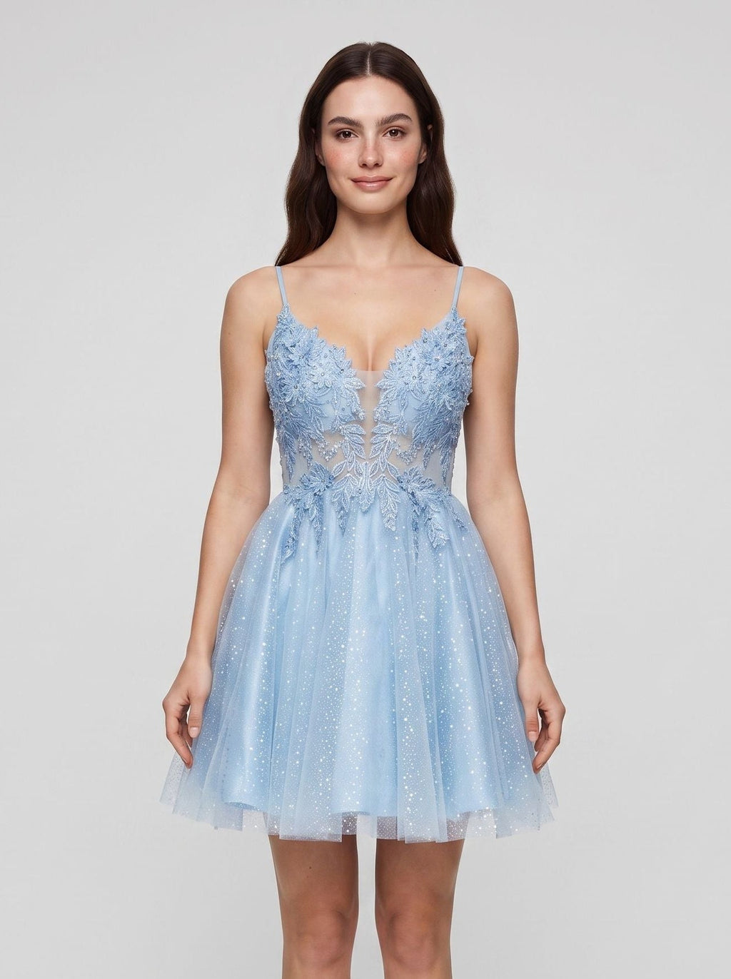 Sky Blue Tulle A-Line V-Neck Back Zip Short Dress with Appliques - Curvevia