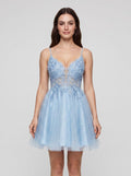 Sky Blue Tulle A-Line V-Neck Back Zip Short Dress with Appliques - Curvevia