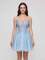 Sky Blue Tulle A-Line V-Neck Back Zip Short Dress with Appliques - Curvevia