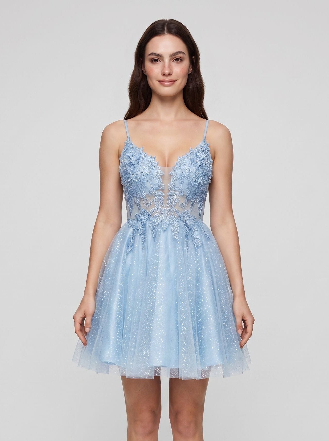 Sky Blue Tulle A-Line V-Neck Back Zip Short Dress with Appliques - Curvevia