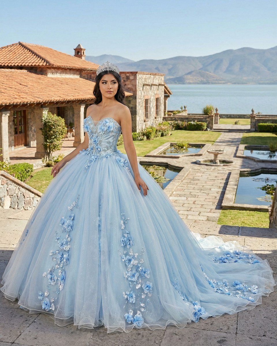 Sky Blue Tulle Ball-Gown Strapless Sleeveless Quinceanera Dresses - Curvevia