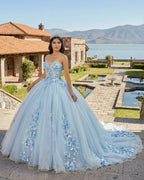 Sky Blue Tulle Ball-Gown Strapless Sleeveless Quinceanera Dresses - Curvevia