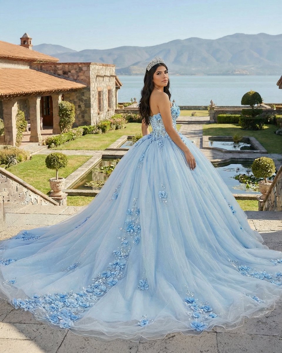 Sky Blue Tulle Ball-Gown Strapless Sleeveless Quinceanera Dresses - Curvevia