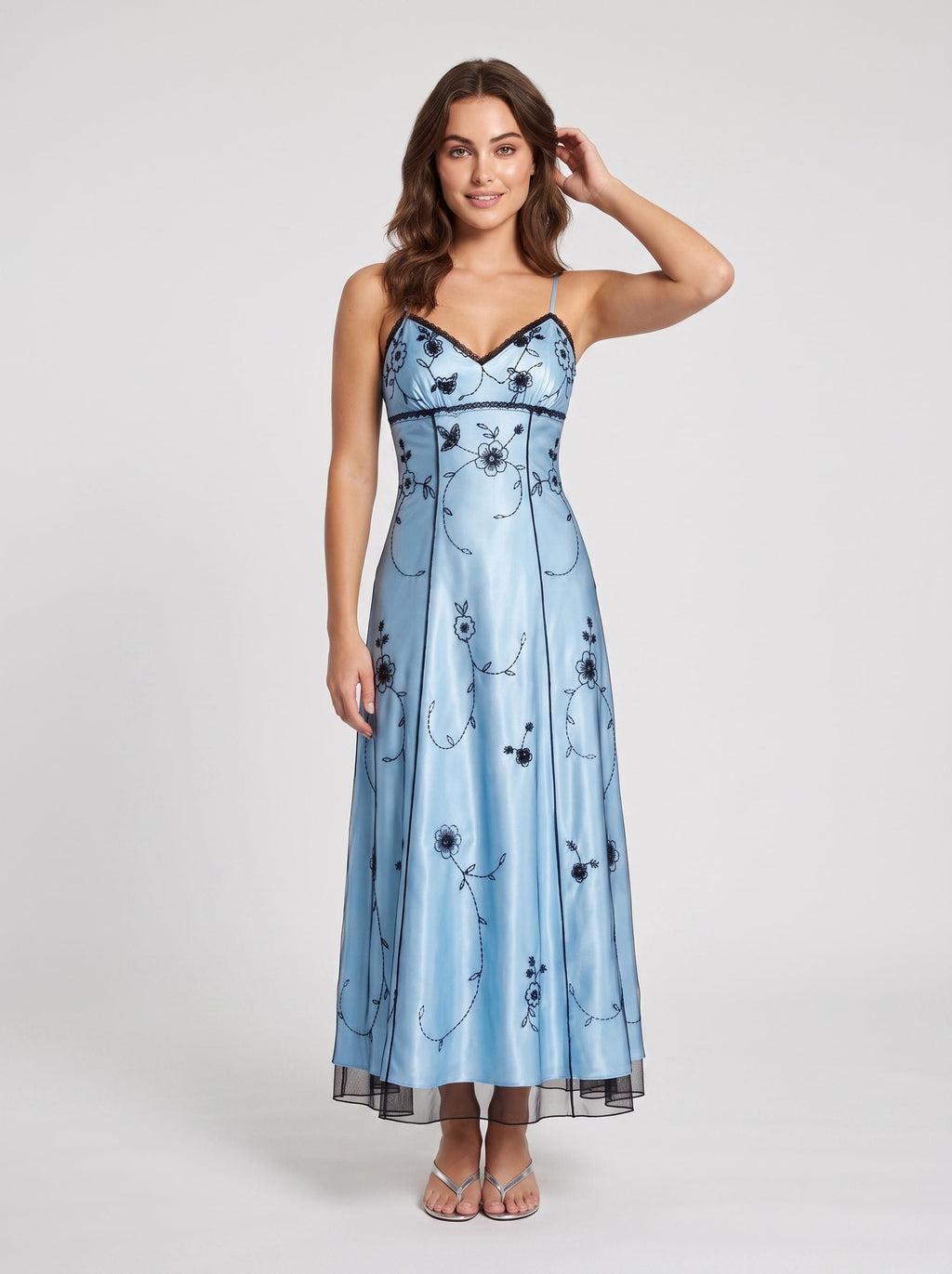 Sky Blue Tulle Empire Straight Neck Backless Floor-Length Dress with Beading - Curvevia
